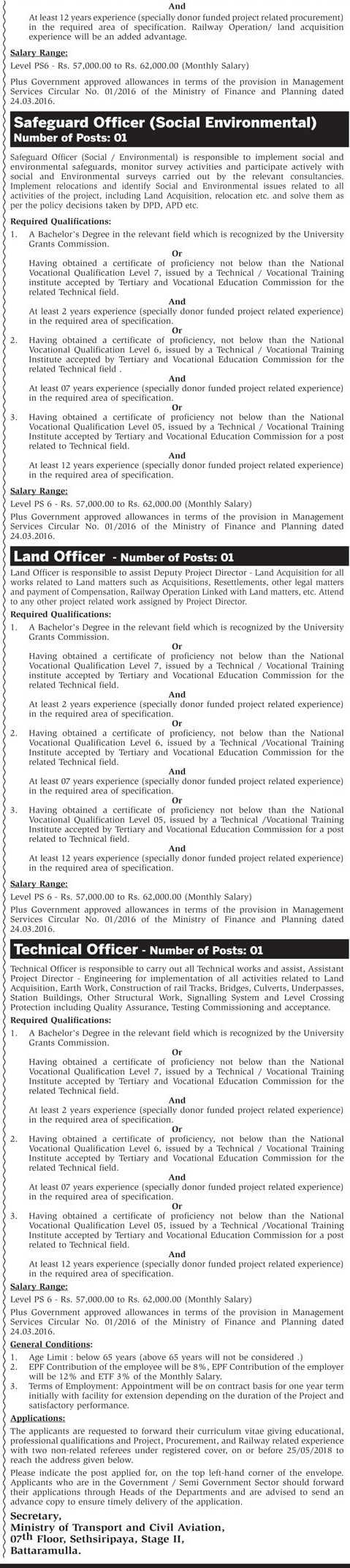 Deputy Project Director, Senior Procurement Officer, Senior Architect, Senior Technical Officer, Procurement Officer, Safeguard Officer, Land Officer, Technical Officer - Ministry of Transport & Civil Aviation